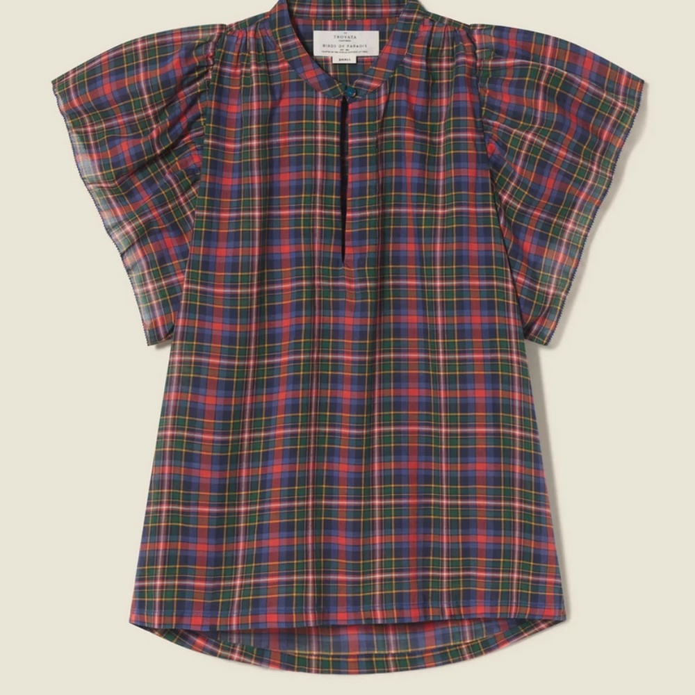 Trovata Birds of Paradis BRETT SHORT SLEEVE BOHEMIAN BLOUSE TRAIL PLAID Size XS
